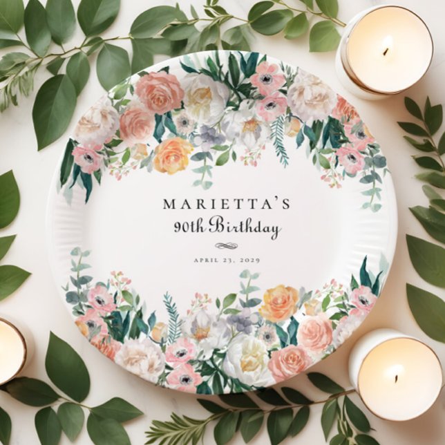 Elegant Garden Floral Greenery 90th Birthday Party Paper Plate (Creator Uploaded)