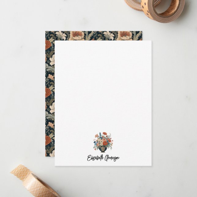 Elegant Garden Floral Monogram Stationery Card (Front/Back In Situ)