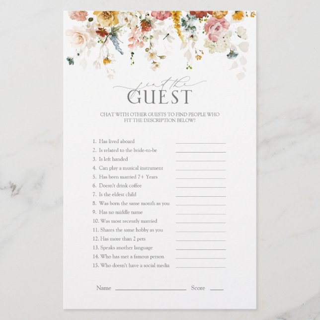Elegant Garden Flowers Floral Bridal Shower Game (Front)