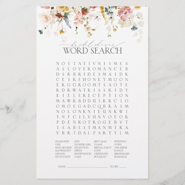 Elegant Garden Flowers Floral Bridal Shower Game (Front)
