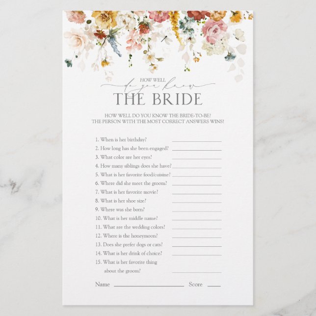 Elegant Garden Flowers Floral Bridal Shower Game (Front)