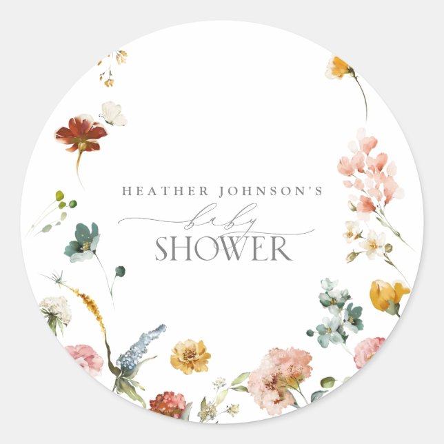 Elegant Garden Flowers Watercolor Baby Shower Classic Round Sticker (Front)