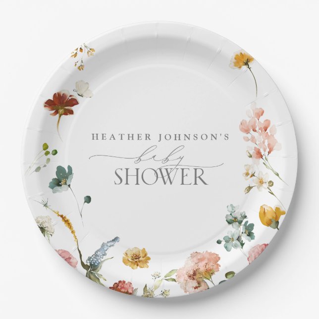 Elegant Garden Flowers Watercolor Baby Shower Paper Plate (Front)