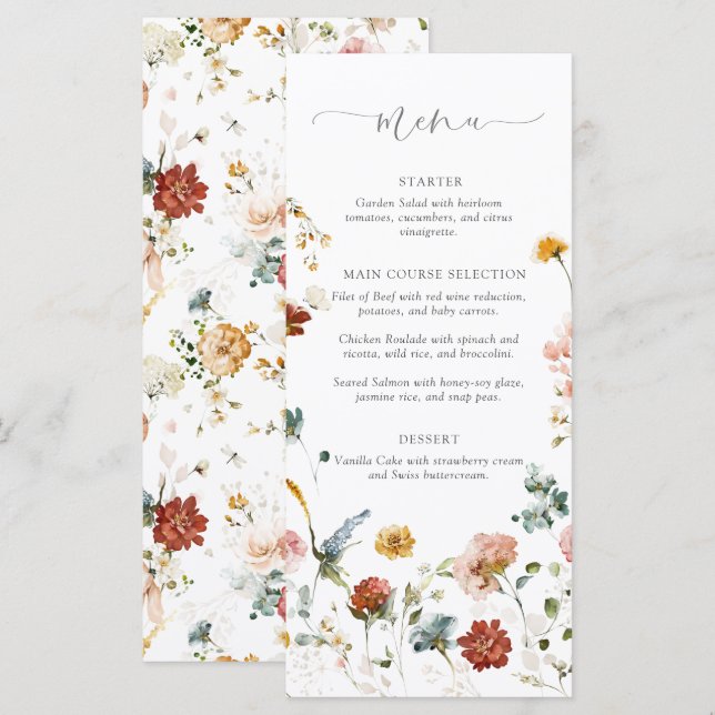 Elegant Garden Flowers Watercolor Bridal Shower Menu (Front/Back)