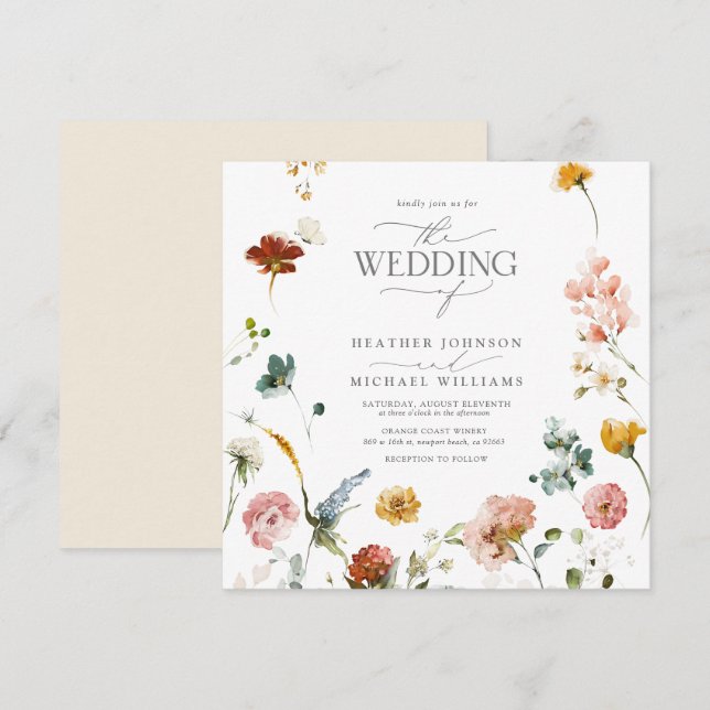Elegant Garden Flowers Watercolor Floral Wedding  Invitation (Front/Back)