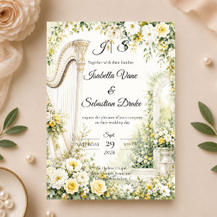 Elegant Garden Harp Romance Wedding Invitation