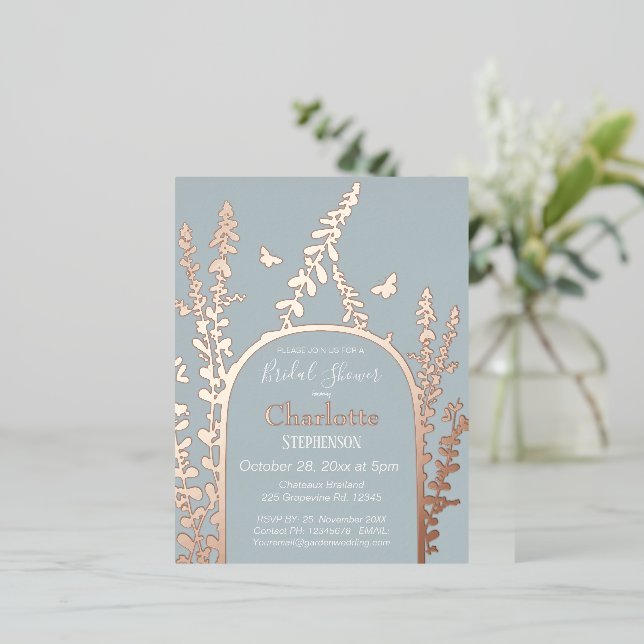Elegant Garden Leaves  Butterflies Bridal Shower   Foil Invitation Postcard (Standing Front)