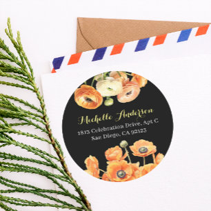 Elegant Garden Orange Flowers Black Return Address Classic Round Sticker