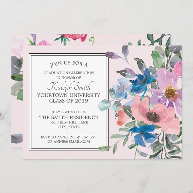 Elegant Garden Purple Pink Floral Grad Party Invitation (Front/Back)