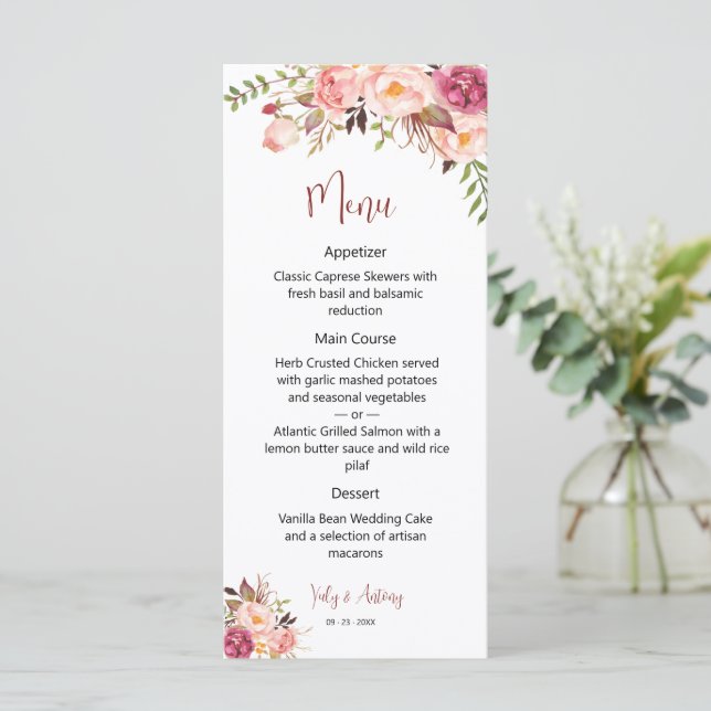 Elegant Garden Rose Floral Dining Reception  Menu (Standing Front)