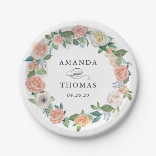 Elegant Garden Roses Floral Wreath Wedding Paper Plate