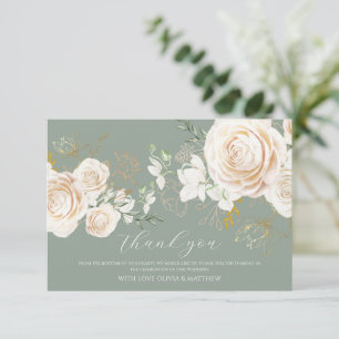 Elegant Garden Roses Sage Green Gold Wedding Thank You Card