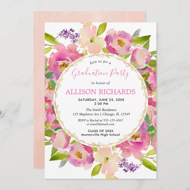 Elegant garden theme pink flora graduation party invitation (Front/Back)