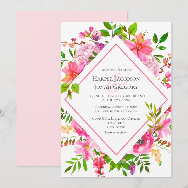 Elegant Garden Watercolor Pink Floral Airy Wedding Invitation (Front/Back)