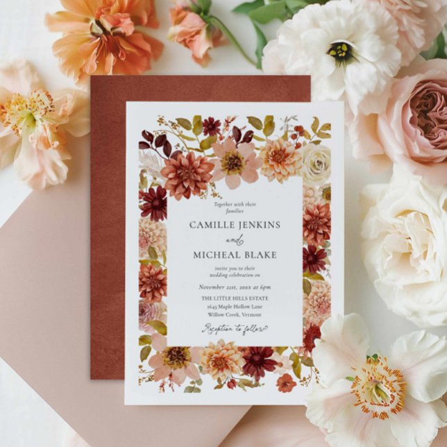 Elegant Garden Wedding Invitation (Elegant Fall Floral Burgundy Terracotta Wedding Invite)