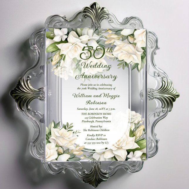Elegant Gardenia Floral 50th Wedding Anniversary Acrylic Invitations (Elegant Gardenia Floral 50th Wedding Anniversary Acrylic Invitations)