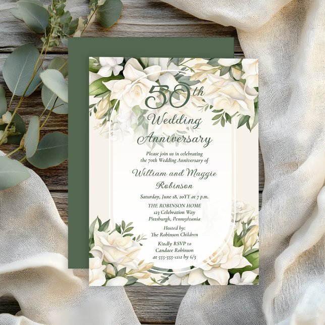Elegant Gardenia Floral 50th Wedding Anniversary Invitation (Elegant Gardenia Floral 50th Wedding Anniversary Invitation - Print | Digital Download)