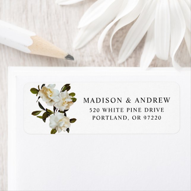 Elegant Gardenia Floral Wedding Return Address (Insitu)
