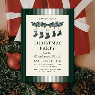 Elegant Garland Green Striped Christmas Party Invitation