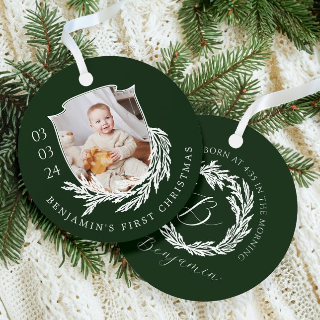 Elegant Garland Wreath Crest Baby First Christmas Metal Tree Decoration (Elegant Garland Wreath Crest Baby First Christmas Metal Ornament)