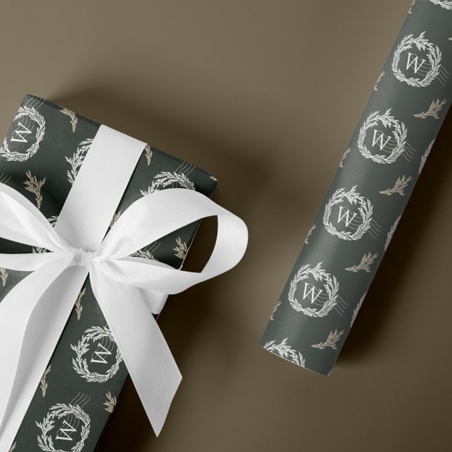 Elegant Garland Wreath Crest Postage Monogram Wrapping Paper (Elegant Garland Wreath Crest Postage Monogram Wrapping Paper)