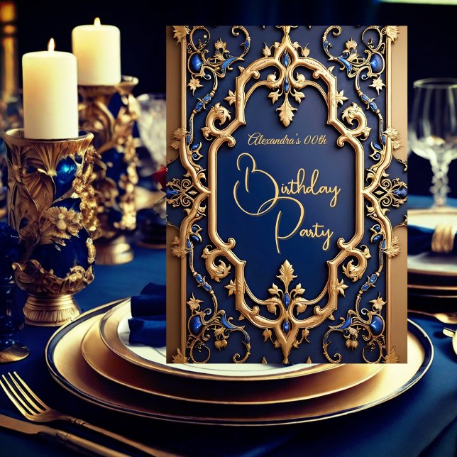 Elegant Garnet Blue Gold Ornate Birthday Party Invitation (Creator Uploaded)