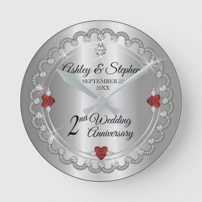 Elegant Garnet Diamonds 2nd Wedding Anniversary Round Clock (Front)
