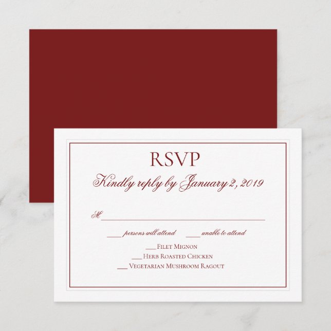 Elegant Garnet Red and White Wedding RSVP Card (Front/Back)