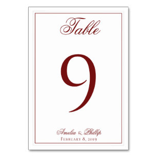 Elegant Garnet Red and White Wedding Table Numbers