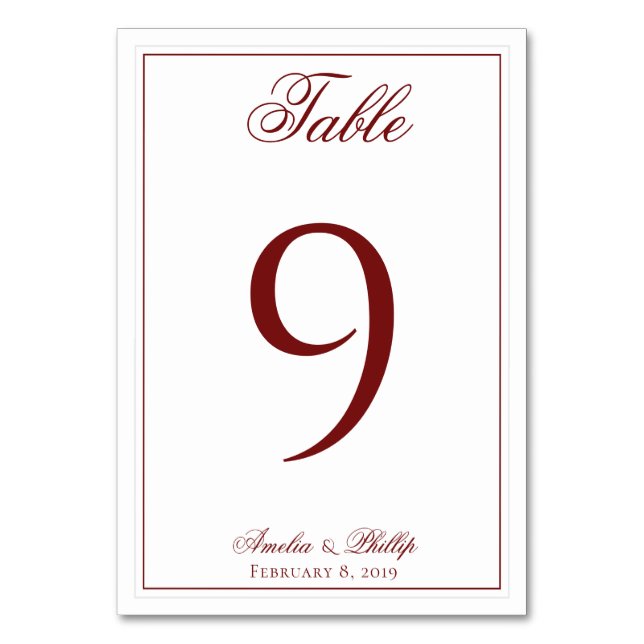 Elegant Garnet Red and White Wedding Table Numbers (Front)