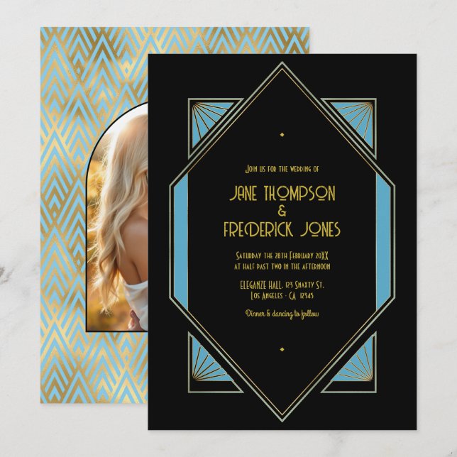 Elegant Gatsby Art Deco Blue & Gold Wedding Photo Invitation (Front/Back)