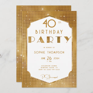 Elegant Gatsby White and Gold Deco 40th Birthday Invitation