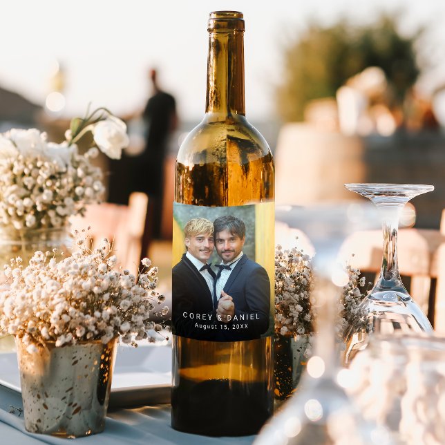 Elegant Gay Wedding Couple Photo Wine Label (Creator Uploaded)