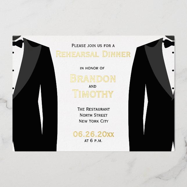 Elegant Gay Wedding Rehearsal Real Gold Foil Card (Front)