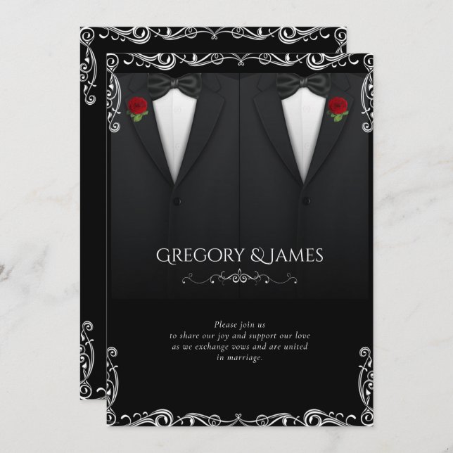 Elegant Gay Wedding Tuxedo Red Rose Invitation (Front/Back)