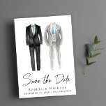 Elegant Gay Wedding Tuxedo Watercolors Save The Date<br><div class="desc">Elegant and chic no photo gay men wedding save the date announcement with two grey and black tuxedo watercolors with blue accents and "Save the Date" in a stylish script. Add your names,  wedding date and location in modern typography.</div>