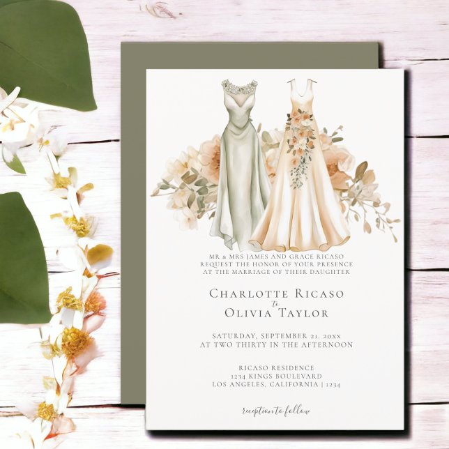 Elegant Gay Wedding Two Brides in Dresses Invitation (Elegant Gay Wedding Two Brides in Dresses Invitation from Ricaso. Features two stunning dresses)