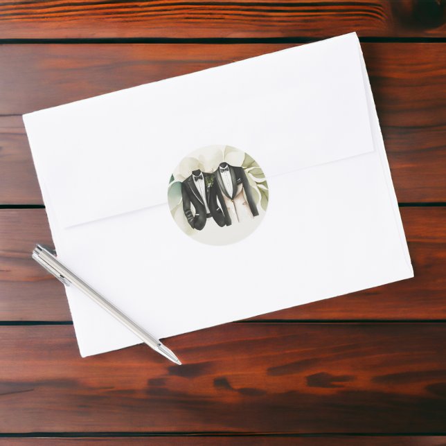 Elegant Gay Wedding Two Grooms in Suits Classic Round Sticker (Elegant Gay Wedding Two Grooms in Suits Classic Round Stickers from Ricaso)