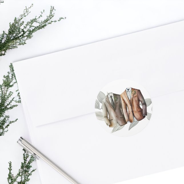 Elegant Gay Wedding Two Grooms in Suits Classic Round Sticker (Elegant Gay Wedding Two Grooms in Suits Classic Round Stickers from Ricaso)