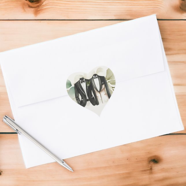 Elegant Gay Wedding Two Grooms in Suits Heart Sticker (Elegant Gay Wedding Two Grooms in Suits Stickers from Ricaso)