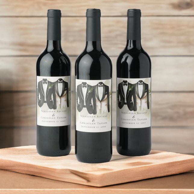 Elegant Gay Wedding Two Grooms in Suits Wine Label (Elegant Gay Wedding Two Grooms in Suits Wine Label from Ricaso. Perfect for wedding favors.)