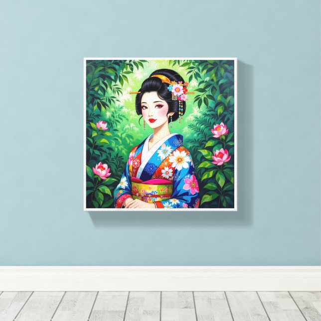Elegant Geisha Wall Art – Floral Kimono Portrait (Insitu(Wood Floor))