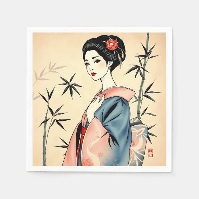 Elegant Geisha with Bamboo and Ink Patterns Napkin (Front)
