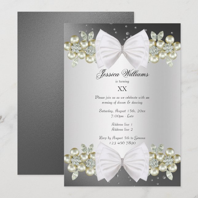 Elegant Gems & Bow Black Birthday Invitation (Front/Back)