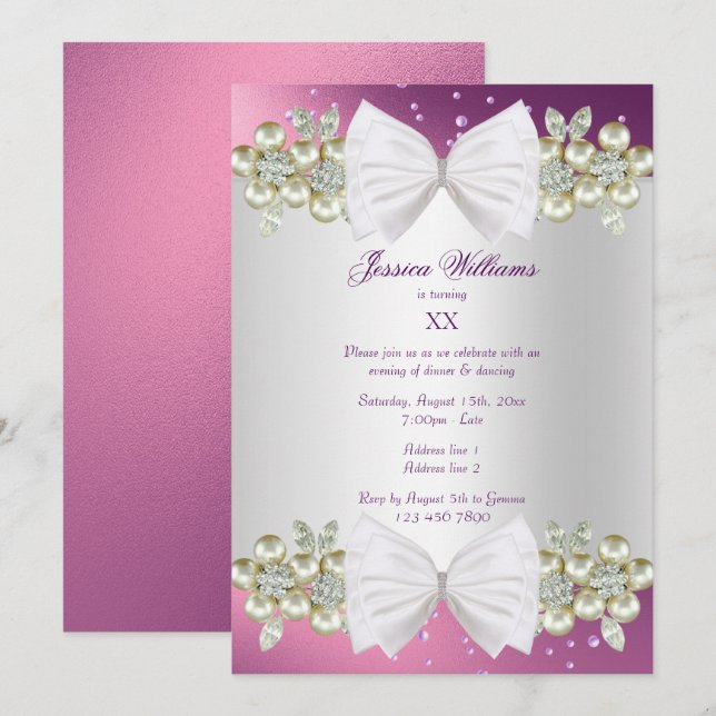 Elegant Gems & Bow Lilac Birthday Invitation (Front/Back)
