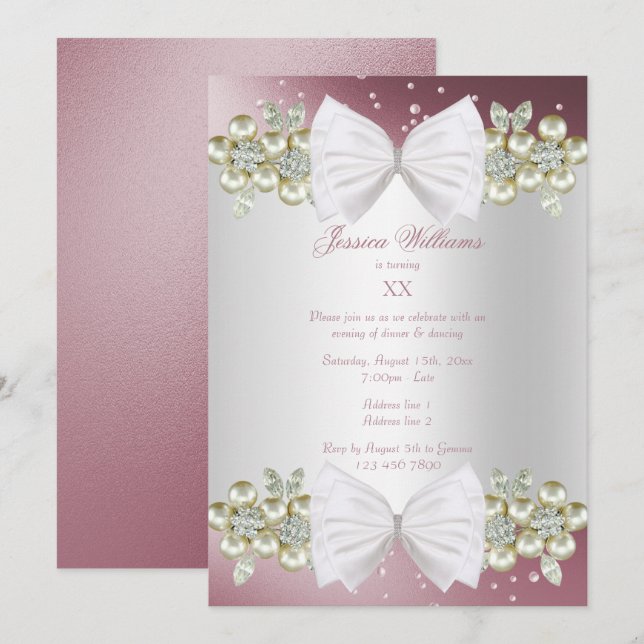 Elegant Gems & Bow Pink Birthday Invitation (Front/Back)