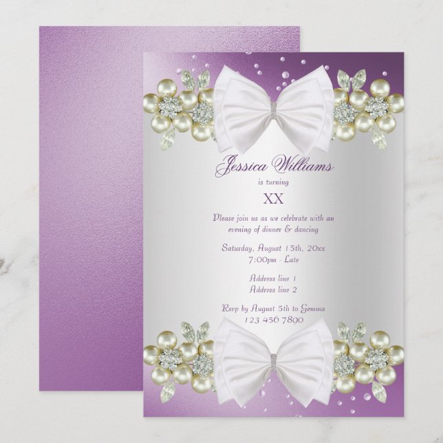Elegant Gems & Bow Purple Birthday Invitation (Front/Back)