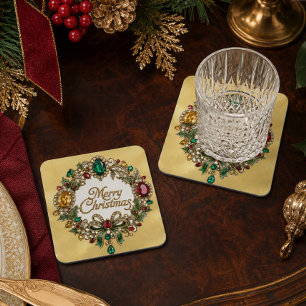 Elegant Gemstone Gold Merry Christmas Wreath Coaster