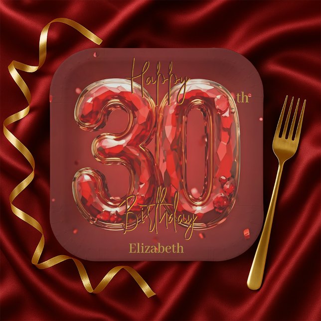 Elegant Gemstone Ruby and Gold 30th Birthday Paper Plate (Creator Uploaded)