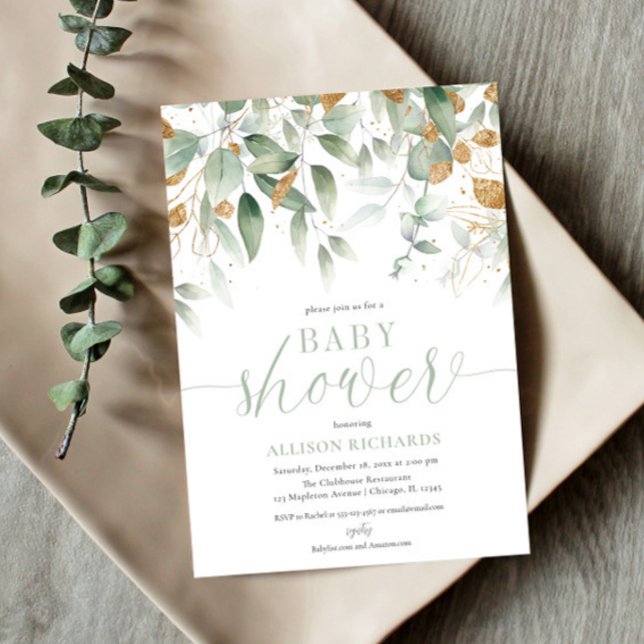 Elegant gender neutral greenery gold baby shower invitation (Creator Uploaded)